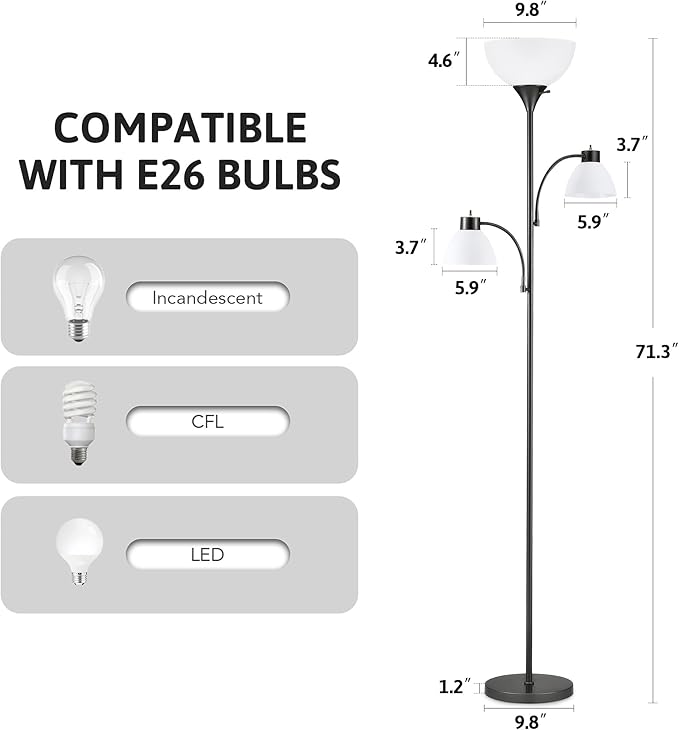 VONLUCE 71" Floor Lamp, Standing Lamp with Adjustable Reading Lights & 3 Bulbs, Modern Torchiere Floor Lamp with 3 Color Temperatures, Tall Lamp for Living Room Bedroom Corner, Black