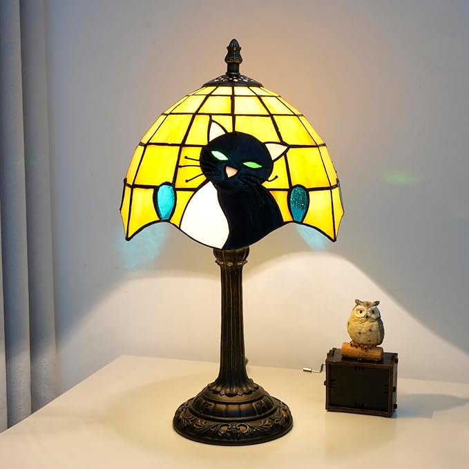 Small Tiffany Lamp Stained Glass Table Lamp Elegant Cute Retro Vintage Style White Black Cat Bedside Night Lamp for Nightstand Bedroom Home Decor Kitchen Counter Antique Living Room Office Fun Lamps