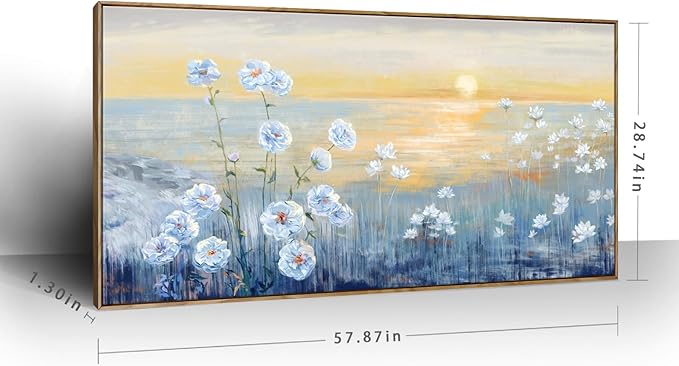 Blue Ocean Sunset Framed Wall Art Abstract Coastal Wild Flowers Beach Picture Sunrise With Yellow Orange Sky Natural Seascape Canvas Print White Wildflowers Sea Landscape Seaside Artwork 30x60inch