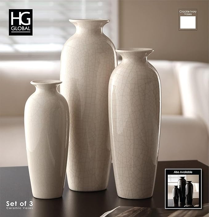Hosley Set of 3 Crackle Ivory Ceramic Vases. Ideal Gift for Floral Arrangements Wedding or Special Occasions for Use in Home Office Decor Spa Aromatherapy Settings