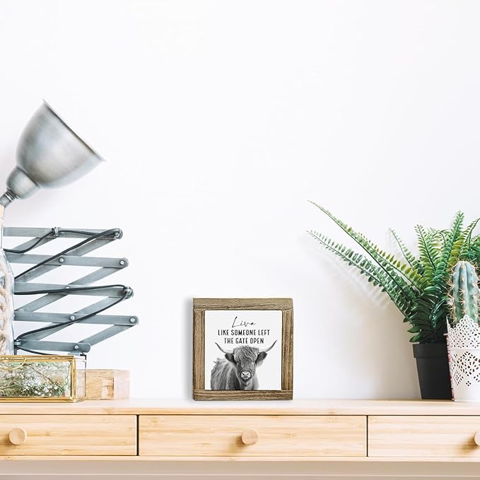 Vintage Decor, Funny Cows Wood Sign, Rustic Farmhouse Home, Decorative Signs - Live Like Someone Left The Gate Open, Tabletop Decor and Gift for Cow Lovers 5.9×5.9×0.7inch