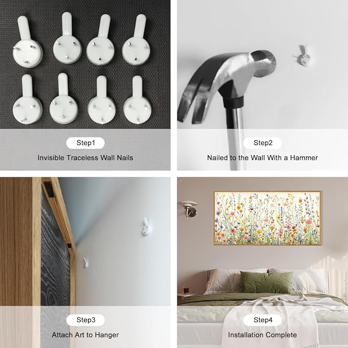 HPINUB Colorful Flower Framed Canvas Wall Art Set, Watercolor Daisy Floral Wall Decor, Wildflower Green Leaf Wall Painting, Multicolour Botanical Art Print for Living Room, Bedroom, Office -20"x40"