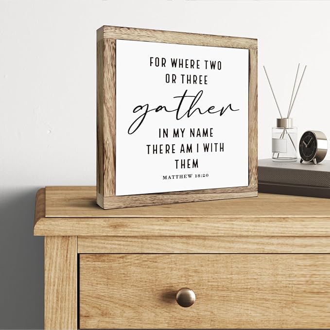 Rustic Christian Scripture Wood Sign - Matthew 18:20, Where Two or Three Gather - Home, Church, Office Decor