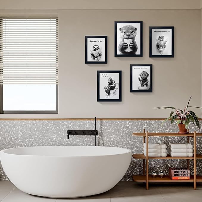 Minimalist Bathroom Wall Decor, Otter Wall Art for Grabbing Toilet Paper, Hilarious, Funny Bathroom Animal Art Black and White Canvas Print Painting can be Hung Directly Frame 16 "x 20"