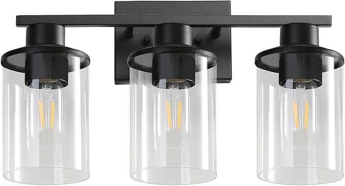 LOUSACE 3 Light Bathroom Vanity Light, Matte Black Bathroom Light Fixtures, Modern Bathroom Lights Over Mirror with Clear Glass Shade, Wall Sconce Lighting for Bedroom Living Room