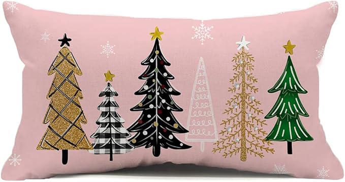 Pink Christmas Pillow Covers 12x20 Inch Black Green Gold Christmas Trees Throw Pillows Pillow Covers Merry Xmas Winter Holiday Decorative Pillow Covers Cushion Cases for Sofa Couch