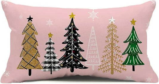 Pink Christmas Pillow Covers 12x20 Inch Black Green Gold Christmas Trees Throw Pillows Pillow Covers Merry Xmas Winter Holiday Decorative Pillow Covers Cushion Cases for Sofa Couch