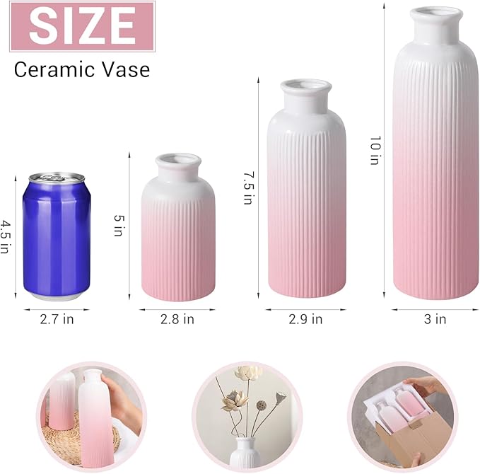 Small Gradient Pink Ceramic Vase Set of 3, Boho Modern Flower Vase Room Decor, Farmhouse Decor, Vases for Your Kitchen, Bathroom, Bedroom, Living Room, Office&Shelf Centerpiece Table Decorations
