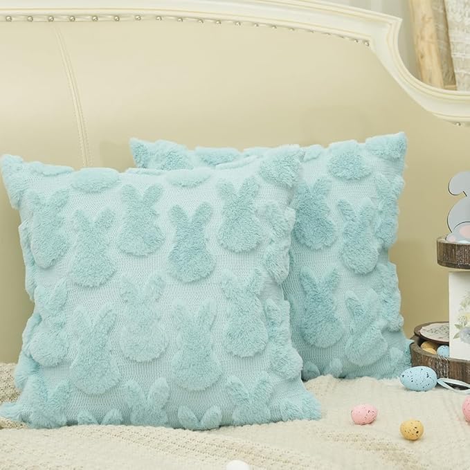 GEEORY Easter Bunny Soft Plush Pillow Covers, 20 x 20 Inch Set of 2, Fluffy Faux Fur Wool Decorative Farmhouse Cushion Case for Sofa Home Decoration Blue GC014-20