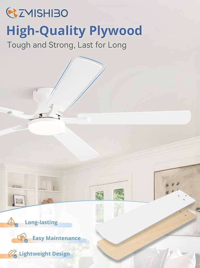ZMISHIBO 60 Inch Ceiling Fan with Light, App&Remote Control, Flush Mount Low Profile, Dimmable 20W LED Light, Quiet Reversible Motor for Bedroom, Living Room, Apartment, White