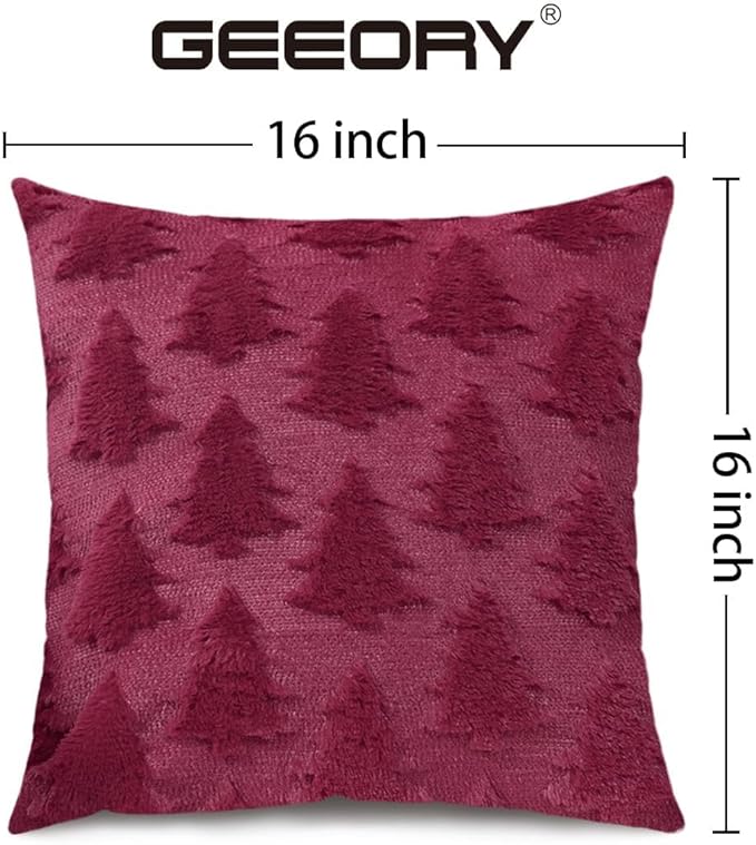 GEEORY Christmas Tree Throw Pillow Covers 16x16 Inch Set of 2, Xmas Winter Soft Plush Faux Fur Wool Decorative Farmhouse Holiday Cushion Case for Home Decoration (Wine Red) GC009-16