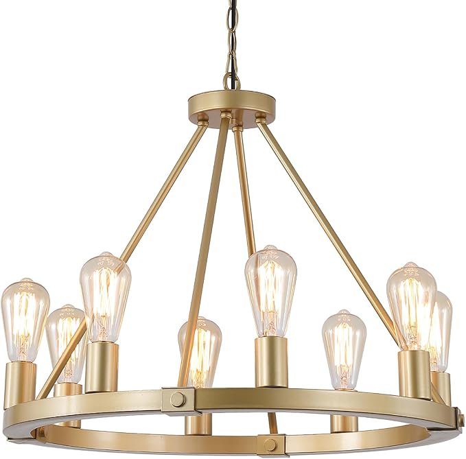 9MMML 23.6“ 8 Lights Golden Wagon Wheel Chandelier, Large Luxury Kitchen Island Pendant Light for Living Dining Room Foyer Entryway,Height Adjustable,E26.