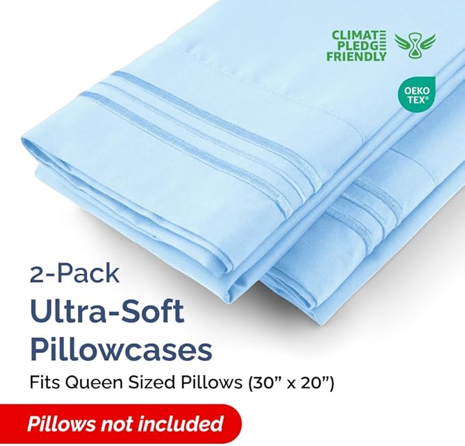 Queen Pillow Cases Set of 2 - Ultra Soft Hotel Quality Pillowcase Covers - Comfy, Cozy & Wrinkle Free - Shrink, Stain & Fade Resistant - Machine Washable Pillow Protectors - 2 Piece Set - Light Blue