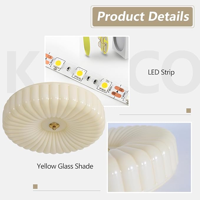 KCO Lighting Round Large LED Flush Mount Ceiling Light Yellow Ribbed Glass Flush Mount Light Mid Century Modern Bedroom Ceiling Lamp Unique Entryway Ceiling Light Fixtures