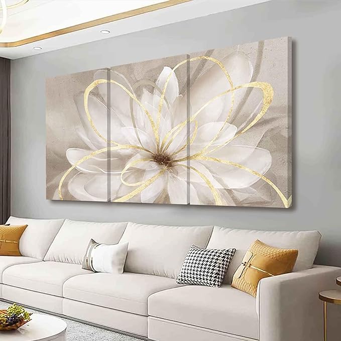 Kureful Large Pictures for Living Room Neutral Wall Art Artwork for Walls Canvas Art Gold Flowers Wall Decor for Girls Women Room Decor 24"x 36"x 3