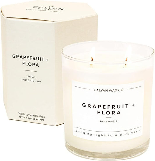 Calyan Wax Co. 2 Wick Candle, Grapefruit + Flora Scented Candle, 37 Hour Burn Time, Aromatherapy Soy Candles, Non Toxic & Vegan Soy Wax, Glass Tumbler Scented Candles, 8.8oz