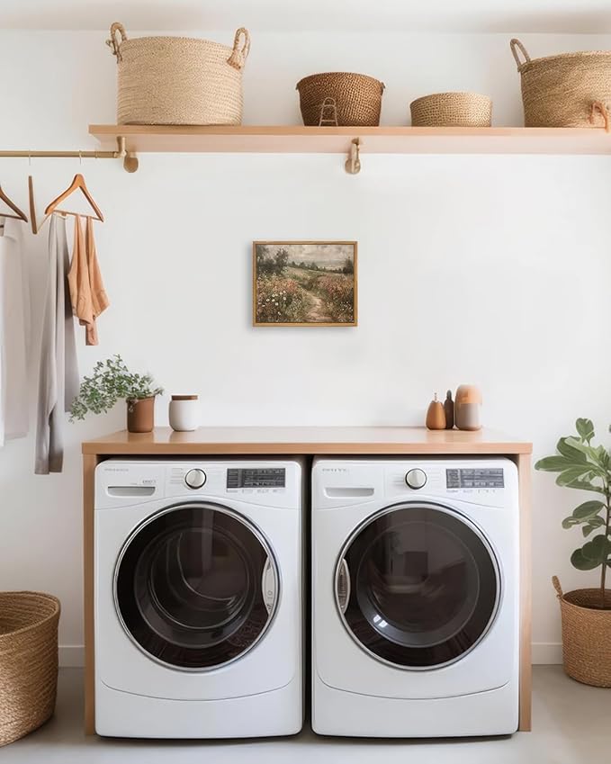 KBKBART Framed Canvas Wall Art - Vintage Countryside Wildflower Field Painting - Retro Nature Wilderness Canvas Art Prints - Rustic Landscape Wall Decor for Living Room, Bedroom & Bathroom (8"x10")