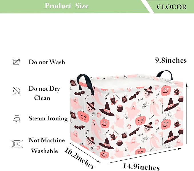 CLOCOR Rectangular Storage Basket Empty, Gift Basket for Halloween, Waterproof Storage Bin with Handles, Room Decor(Pink Bowknot Ghost)