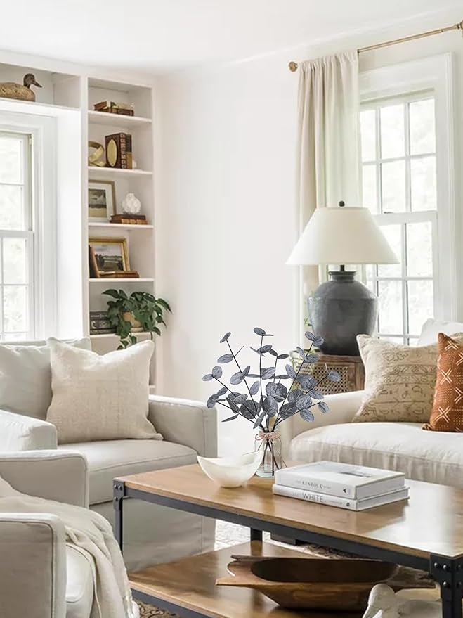 Artificial Eucalyptus Stems in Glass Vase with Faux Water, 14" Fake Plants for Home Decor, Coffee Table Centerpieces, Office, Bathroom & Farmhouse Weddings - Faux Plants Decorations