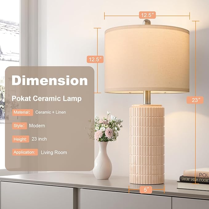 PoKat 23" Pink Ceramic Table Lamps Set of 2, Modern Bedroom Lamps for Girls Room, Bedside Lamps for Night Stands, Cute Lamps for Living Room Decor, Nightstands Desk Lamp, Pink
