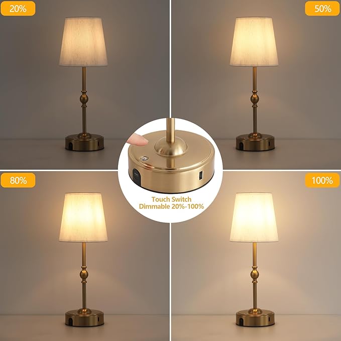 Cordless Rechargeable LED Table Lamp with Dimmer,Nightstand Lamp with USB Port,Antique Brass Portables Outdoor Lamp, Battery Operated Lamp for Patio Bedroom Bedside Balcony Camping Bar RV