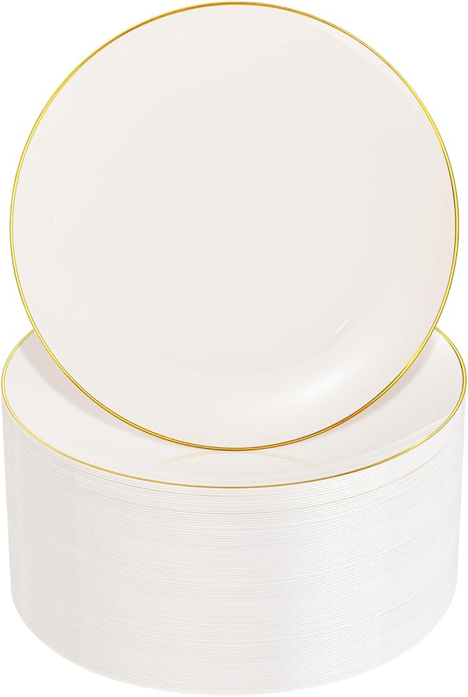 Nervure 100Pcs Ivory and Gold Plastic Plates - 7.5inch Disposable Ivory Dessert/Salad Plates - Heavy Duty Plastic Plate Ideal for Wedding & Party & Thanksgiving