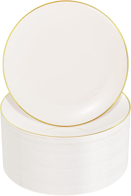 Nervure 100Pcs Ivory and Gold Plastic Plates - 7.5inch Disposable Ivory Dessert/Salad Plates - Heavy Duty Plastic Plate Ideal for Wedding & Party & Thanksgiving