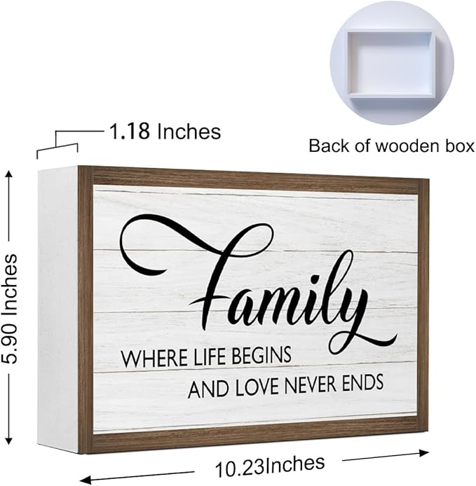 Ruvoty Family Where Life Begins and Love Never Ends Wooden Box Sign Desk Decor,Rustic Family Saying Wooden Block Plaque Sign for Home Farmhouse Living Room Bedroom Shelf Desk Tabletop Wall Decor