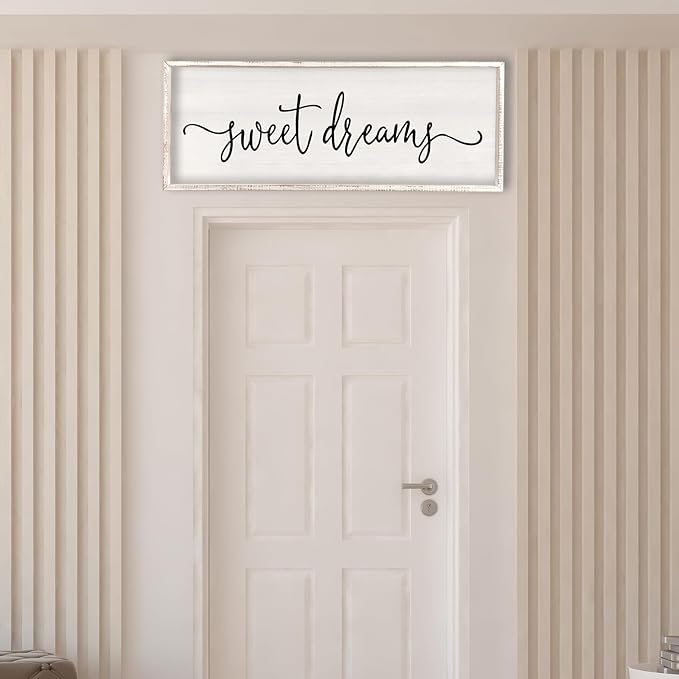 Surfapans Sweet Dreams Wall Decor Above Bed 32"x12" ofr Master Bedroom Guest Room Wood Rustic Framed Wall Art Sign (White)