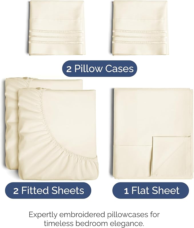 Split King Size 5 Piece Sheet Set - Comfy Breathable & Cooling Bed Sheets Set - Hotel Luxury Bedding for Women, Men, Kids, Teens, Boys & Girls - Deep Pockets, Soft, Wrinkle Free - Oeko-Tex - Off White