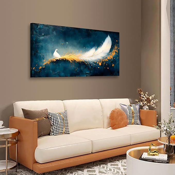 Abstraction Pictures Canvas Wall Art for Living room Office Bedroom Wall Decor, Peacock Wall Art Print Paintings Modern White Feather Zoon Artwork Waterproof Ready to Hang-20x40inch