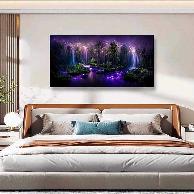 Purple Fantastic Wall Art Bedroom Wall Decor Living Room,Canvas Wall Art Office Farmhouse Paintings Artwork Modern Forest Starry Sky Lake Magical Wall Art Prints Pictures 20 * 40inch