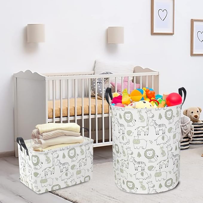 CLOCOR Rectangular Large Storage Basket,Collapsible Cute Pattern Storage Bin,Waterproof Storage Box with Handles,Gift Basket Empty,Room Decor(Green Animals)