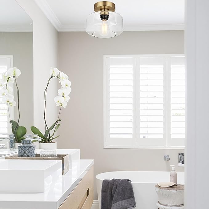 Industrial Semi Flush Mount Ceiling Light Brass, 800 Lumen LED Bulb Included, Clear Glass Shade Ceiling Light Fixture, Light Fixture for Hallway Bathroom Bedroom, Vintage Hanging Lighting