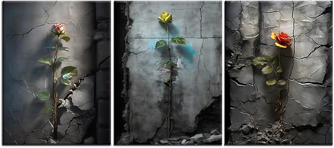 Retro Floral Canvas Wall Art Home Decor Roses in The Cracked Wall 3 Pieces Posters Print Vintage Theme Painting Artwork for Bedroom Bathroom Pictures Decoration Ready to Hang [36''W x 16''H]