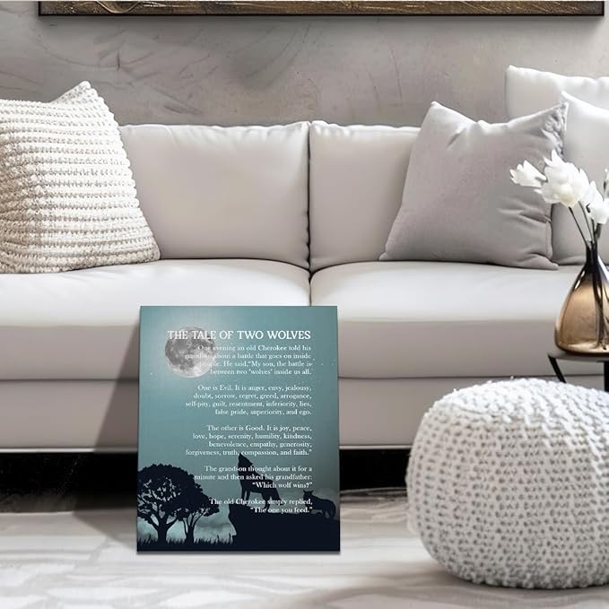 Wolf Wall Art, Wolf Poster, The Tale of Two Wolves, Canvas Wall Art Inspirational Quote Decor 6x20 inch