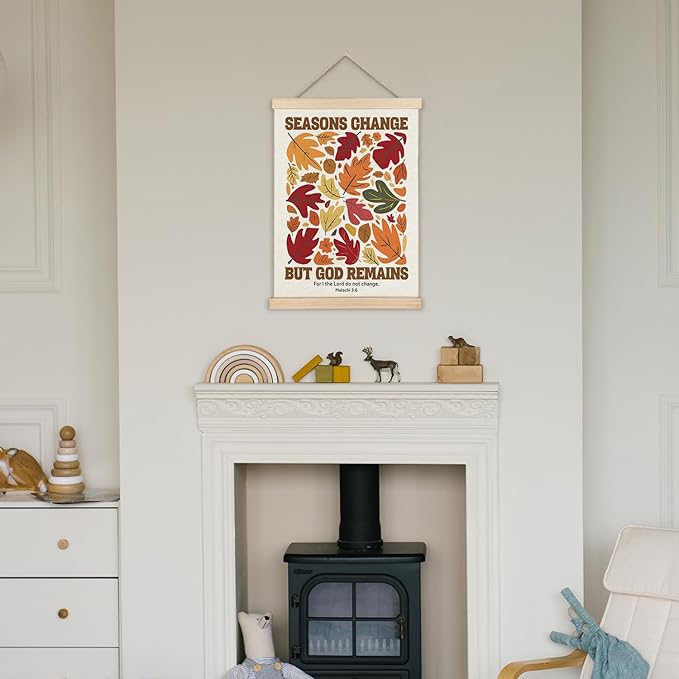 Supwhd Christian Fall Wall Art with Wooden Poster Hanger, Fall Wall Decor, Fall Posters, Farmhouse Autumn Harvest Thanksgiving Wall Art Decor, Fall Home Decor, Seasons Change God Remains 16x24