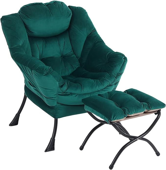 Oversized Chair with Ottoman, Modern Chair with Folding Footrest, Lounge Accent Chair, Comfortable Reading Chair for Bedroom, Study, Living Room, Courtyard (Velvet Dark Green