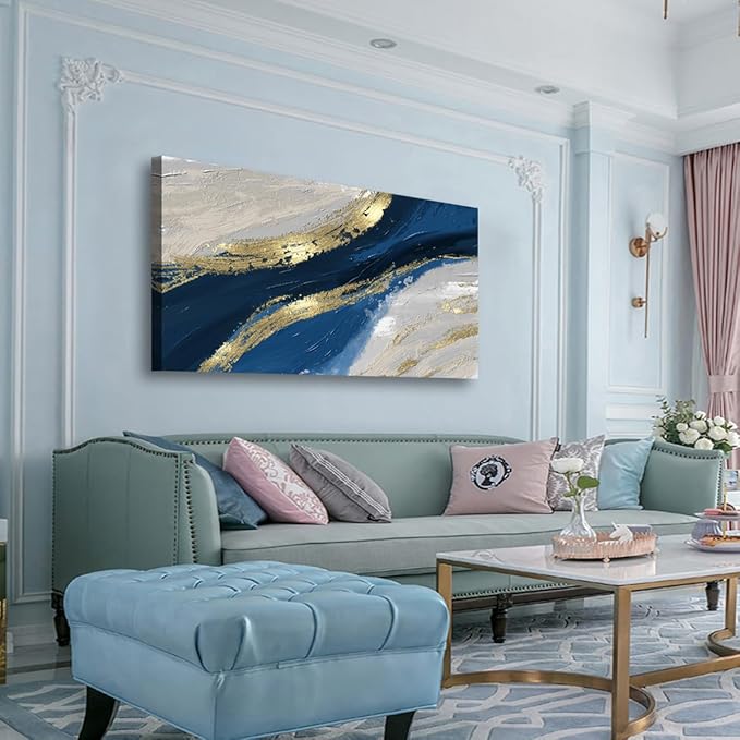 Golden Abstract Wall Art Bedroom Wall Decor Living Room,Blue Canvas Wall Art Office Farmhouse Paintings Artwork Modern Blue White Boho Wall Art Prints Pictures 20 * 40inch