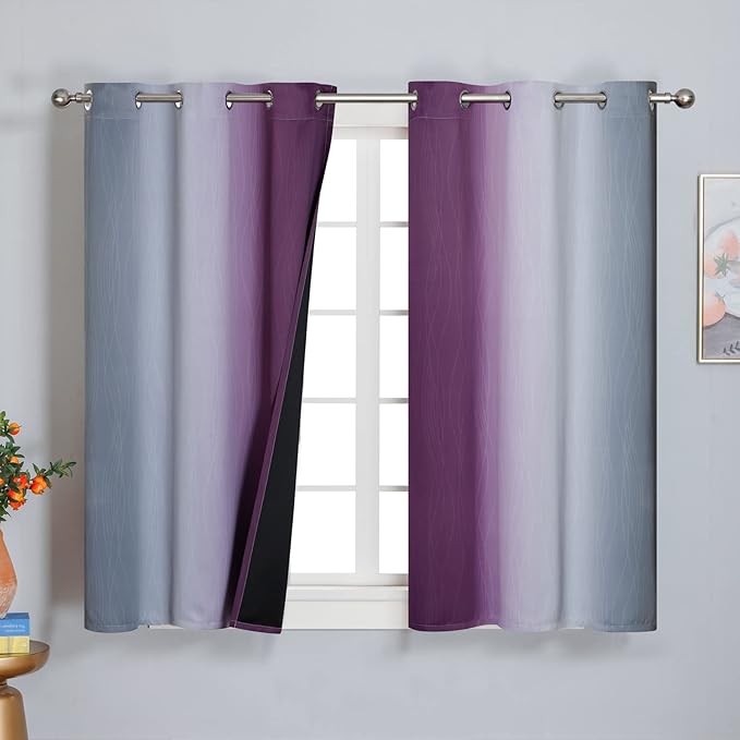 Purple and Grey Blackout Curtains 45 Inches Long,Ombre and Wavy Line Pattern 100% Blackout Curtains for Bedroom,Full Light Blocking Grommet Thermal Insulated Drapes for Kids Room, 42x45 Inch, 2 Panels
