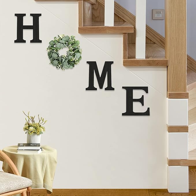 Wood Home Sign with Artificial Eucalyptus Wreath for O, Hanging Farmhouse Wall House Decor Wood Letters for Wall Art Rustic Home Decor, Wall Decor for Living Room Kitchen Entryway (Black)