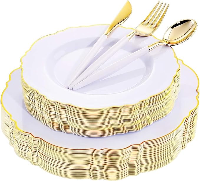 WDF 30Guest Gold Plastic Plates - High-end Baroque Design - 10.25&7.5in Wedding White and Gold Plates Disposable for Thanksgiving Parties/Wedding