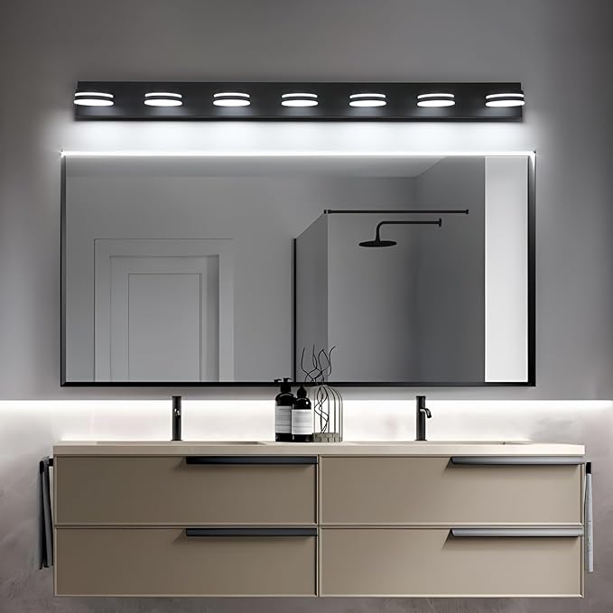 7-Light Bathroom Vanity Light Over Mirror, Matte Black LED Vanity Lighting Fixtures, Modern Bathroom Wall Light Fixtures with 360°Rotating Lamp Head (Cool White 5500K)