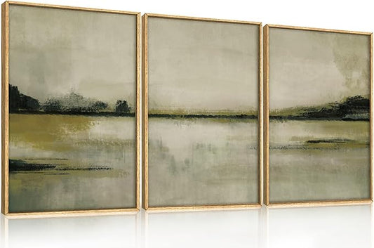 KAIRNE Abstract Mountain Lake Wall Art Set, 3 piece Textured Canvas Wall Decor, Framed Nordic Neutral Tan Wall Painting, Nature Landscape Art Print for Bedroom, Living Room, Office - 24"x36"x3