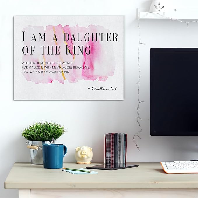 Daughter Gift From Dad Mom Bible Verses Canvas Wall Art I Am the Daughter of a King Prints Framed Watercolor Christian Paintings Artwork Ready to Hang Home Girl Nursery Decor 15x11.5 Inches