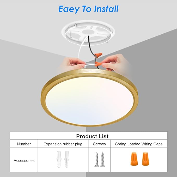 Peasur 12 Inch LED Ceiling Light Gold, 24W Slim Flush Mount Ceiling Light 3000K/4000K/6500K Adjustable, Modern Round Ceiling Lighting for Bedroom, Living Room, Kitchen(2 Pack)