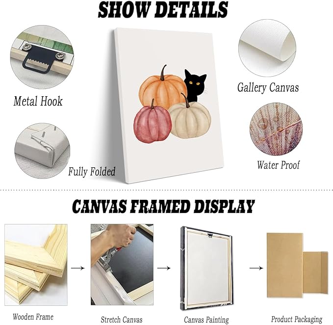 Framed Autumn Canvas Print Wall Art Cat Halloween Print posters Halloween Poster Fall Wall Decor Rustic Home Wall Decoration 11x14 framed
