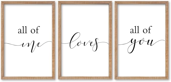 SRSZHIYUE Romantic Love Quote All of Me Loves All of You Sign Wall Decor 16"×11" Set of 3 Framed Wooden Plaque for Couples Master Bedroom Above Over Bed Love Rustic Farmhouse Wall Hanging Art (Wood)