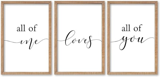 SRSZHIYUE Romantic Love Quote All of Me Loves All of You Sign Wall Decor 16"×11" Set of 3 Framed Wooden Plaque for Couples Master Bedroom Above Over Bed Love Rustic Farmhouse Wall Hanging Art (Wood)