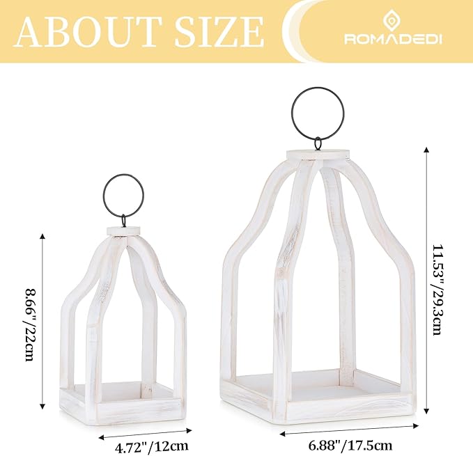 Romadedi Farmhouse Decorative Lantern Wooden - Set of 2 Rustic Wood Lanterns Candle Holder for Wedding Table Centerpieces Indoor Outdoor Fireplace Mantle Home Decor, Whitewashed
